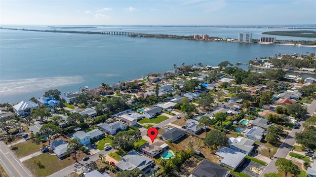 drone / aerial view with a water view