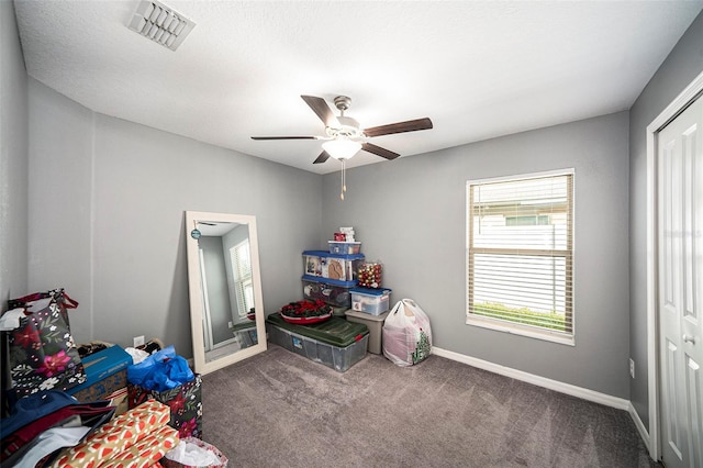 game room featuring ceiling fan and carpet floors