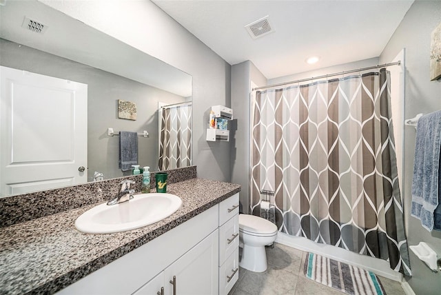 full bathroom with tile patterned flooring, vanity, toilet, and shower / tub combo with curtain