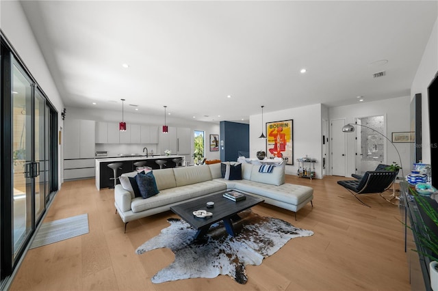 living room featuring light hardwood / wood-style floors and sink