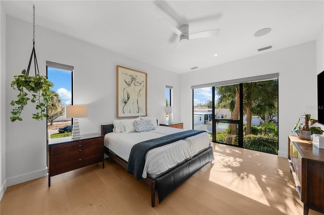 bedroom with ceiling fan, access to outside, and light wood-type flooring