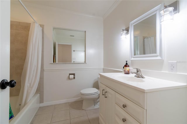 full bathroom with shower / tub combo, vanity, crown molding, tile patterned flooring, and toilet