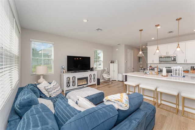 living room with a fireplace, light hardwood / wood-style flooring, and plenty of natural light