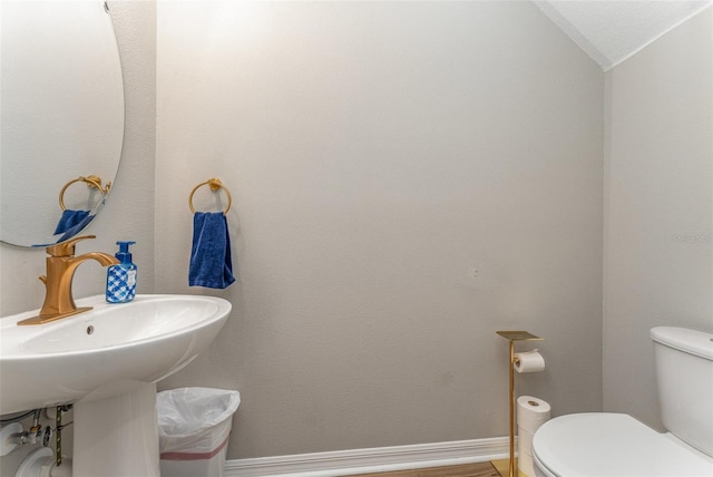 bathroom with toilet, lofted ceiling, and sink