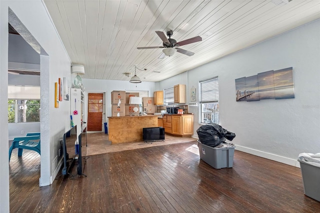 living room featuring dark hardwood / wood-style floors, plenty of natural light, and wooden ceiling