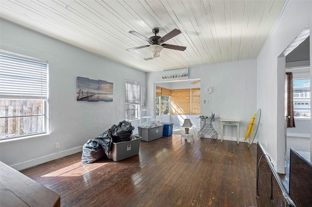 miscellaneous room with wooden ceiling, ceiling fan, and dark wood-type flooring