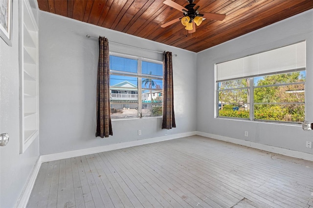 empty room featuring hardwood / wood-style flooring, ceiling fan, and wood ceiling