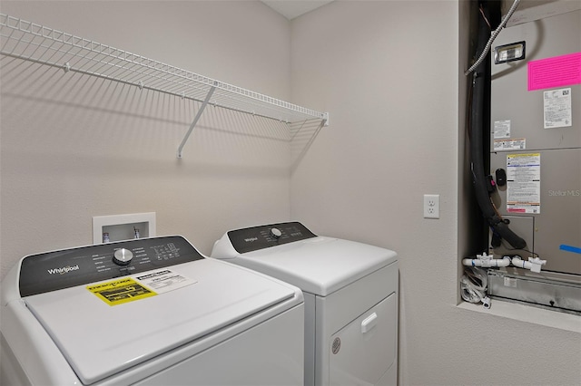 laundry room with washer and dryer and heating unit