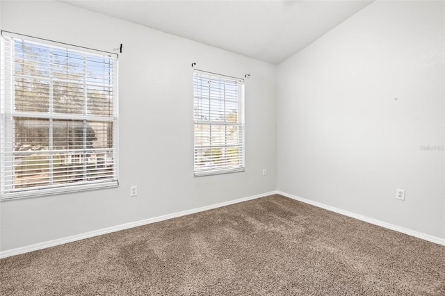 carpeted spare room with a healthy amount of sunlight and lofted ceiling