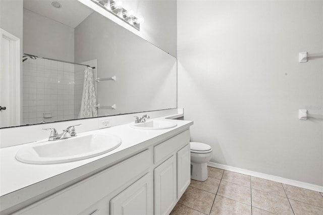 bathroom featuring toilet, tile patterned flooring, vanity, and walk in shower