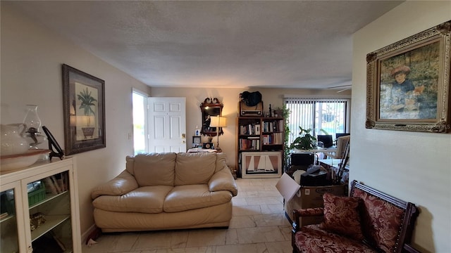 living room featuring a textured ceiling