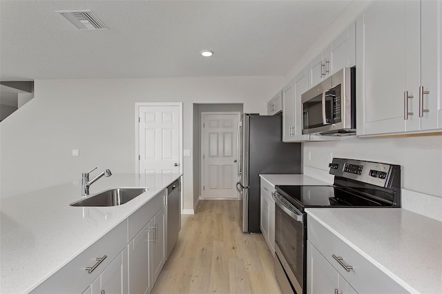 kitchen featuring white cabinets, light hardwood / wood-style floors, sink, and appliances with stainless steel finishes