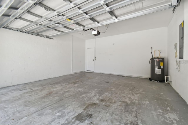 garage featuring electric panel, electric water heater, and a garage door opener