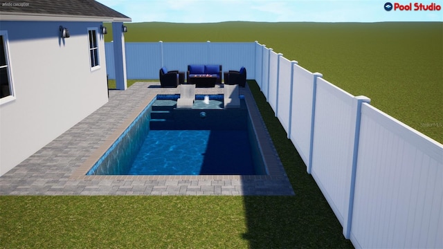 view of pool featuring outdoor lounge area, a patio area, and a lawn