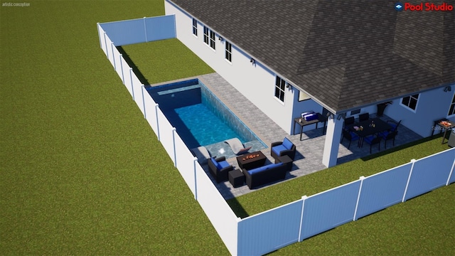 view of swimming pool with a patio, an outdoor hangout area, and a lawn