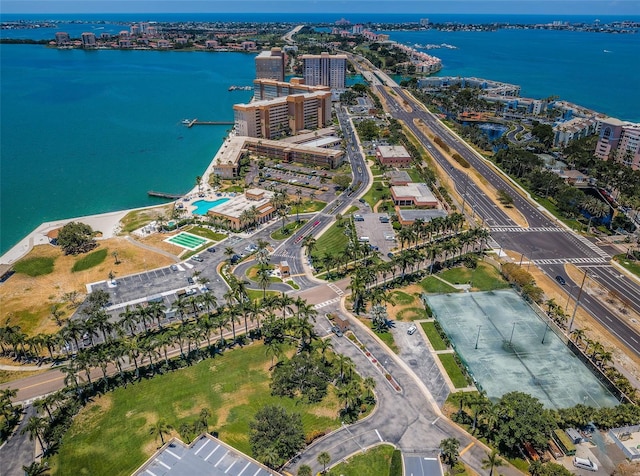 drone / aerial view with a water view