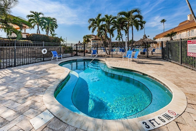 view of swimming pool featuring a patio area