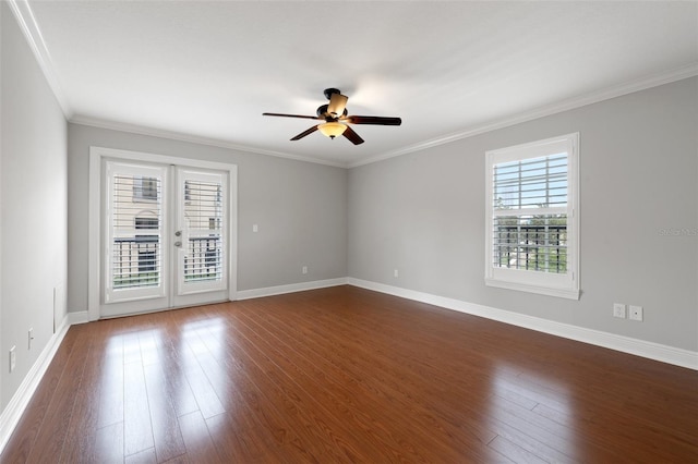 empty room with ceiling fan, ornamental molding, and plenty of natural light