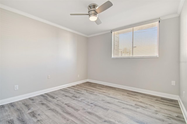 unfurnished room with ceiling fan, light hardwood / wood-style flooring, and ornamental molding