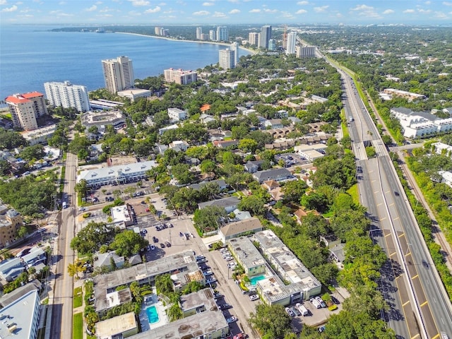 drone / aerial view with a water view