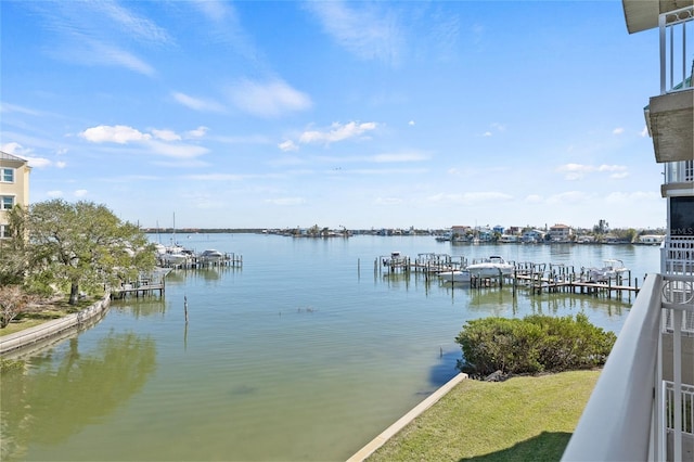 view of water feature with a dock