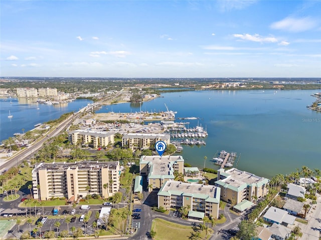 aerial view with a water view and a city view