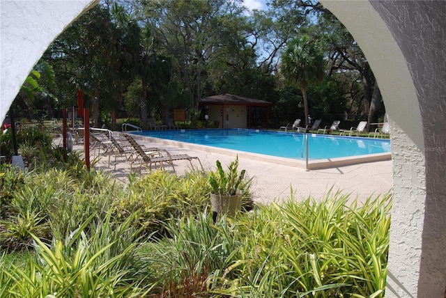 view of swimming pool featuring a patio area