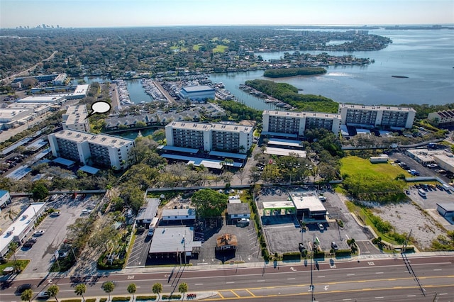 bird's eye view with a water view