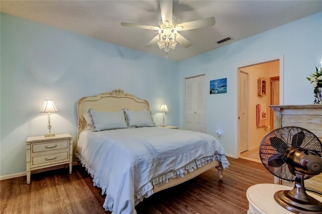 bedroom with ceiling fan and hardwood / wood-style flooring