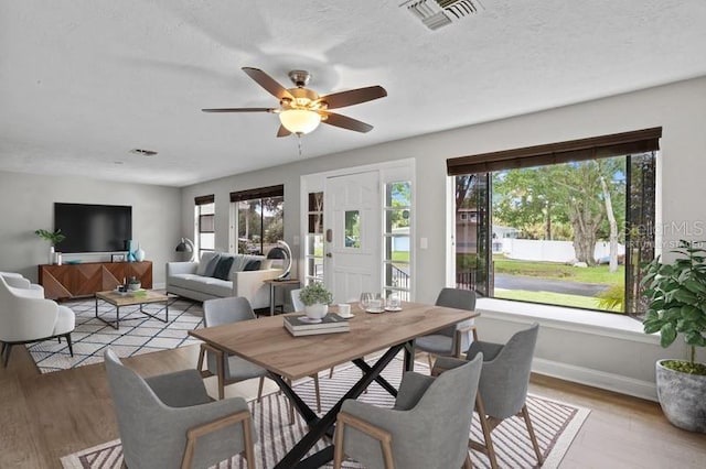 dining area featuring ceiling fan, plenty of natural light, light hardwood / wood-style floors, and a textured ceiling