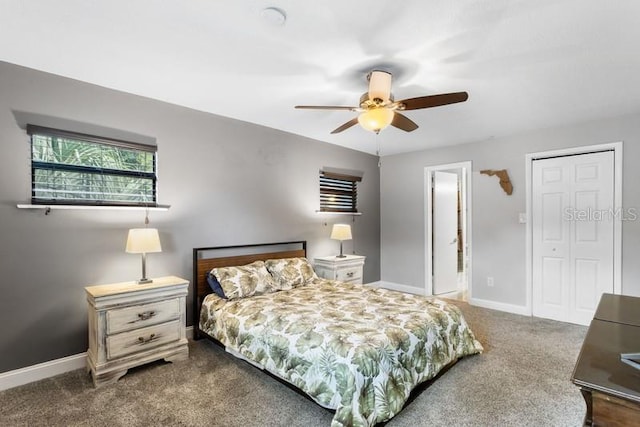 bedroom with ceiling fan and dark carpet