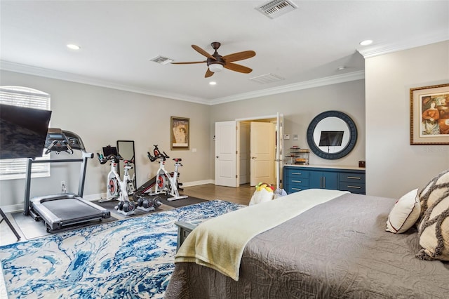 bedroom with dark hardwood / wood-style flooring, ceiling fan, and crown molding