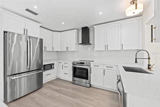 kitchen featuring stainless steel appliances, white cabinetry, wall chimney exhaust hood, and sink