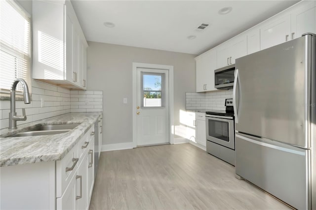 kitchen with white cabinetry, sink, tasteful backsplash, appliances with stainless steel finishes, and light wood-type flooring