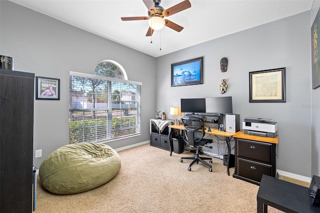 home office featuring ceiling fan and light colored carpet