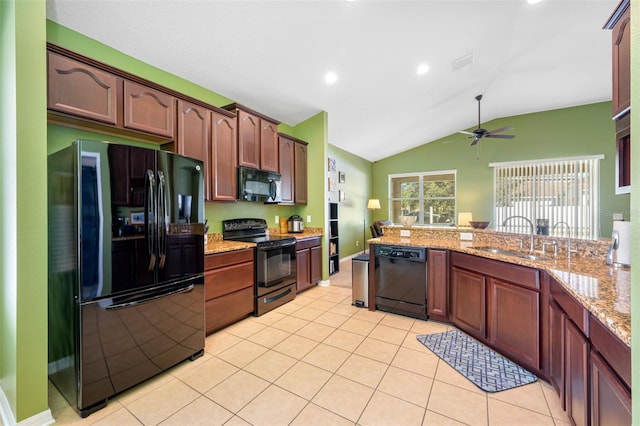 kitchen with ceiling fan, sink, black appliances, lofted ceiling, and light tile patterned flooring