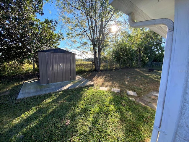 view of yard with a storage shed