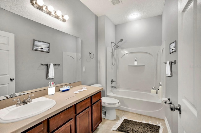 full bathroom with tile patterned floors, shower / bath combination, a textured ceiling, toilet, and vanity