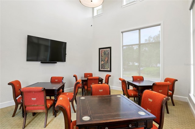 dining area with light colored carpet