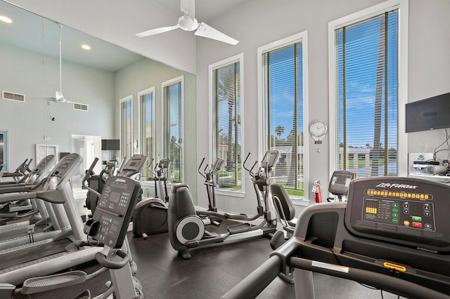 workout area featuring ceiling fan