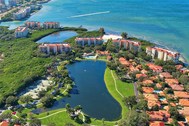 drone / aerial view with a water view