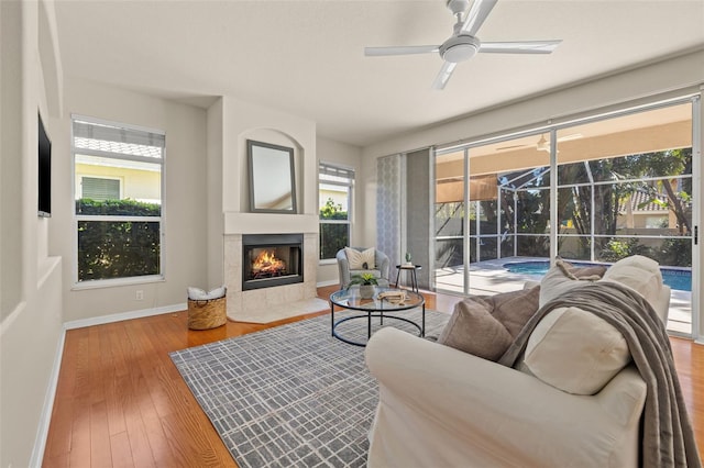 living room featuring wood-type flooring, ceiling fan, and a healthy amount of sunlight