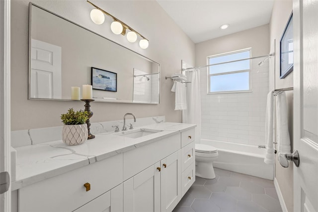 full bathroom with toilet, vanity, tile patterned floors, and shower / bath combo with shower curtain