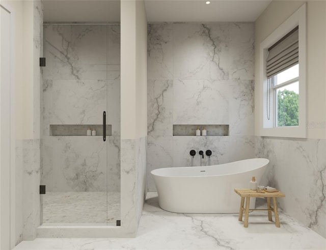 bathroom featuring shower with separate bathtub and tile walls