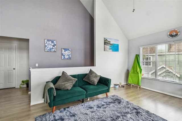 sitting room with hardwood / wood-style flooring and high vaulted ceiling