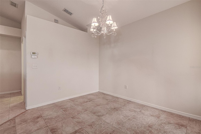 unfurnished room with vaulted ceiling and a notable chandelier