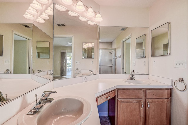 bathroom featuring vanity and an enclosed shower