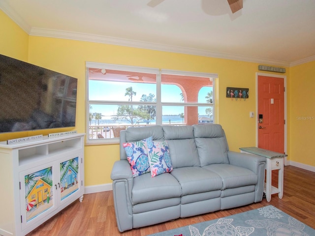 living room featuring ornamental molding, ceiling fan, and light hardwood / wood-style floors