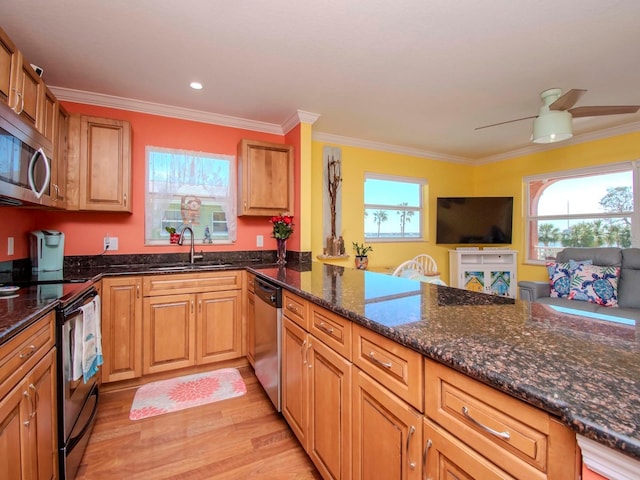 kitchen featuring stainless steel appliances, crown molding, sink, and light wood-type flooring