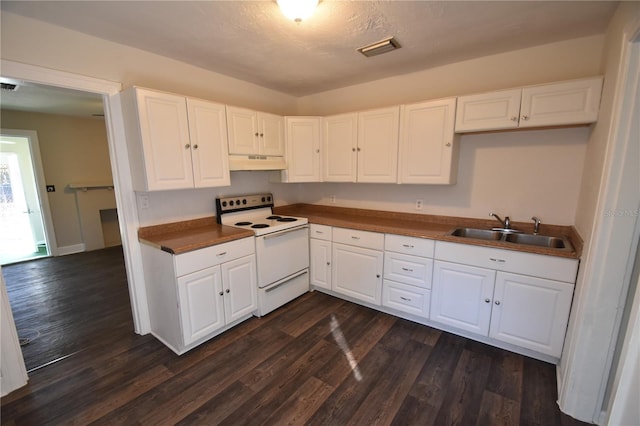 kitchen with a textured ceiling, sink, white electric range, dark hardwood / wood-style floors, and white cabinetry